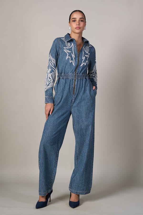 Blue Denim Zip-Front Embroidered Jumpsuit — Style Island