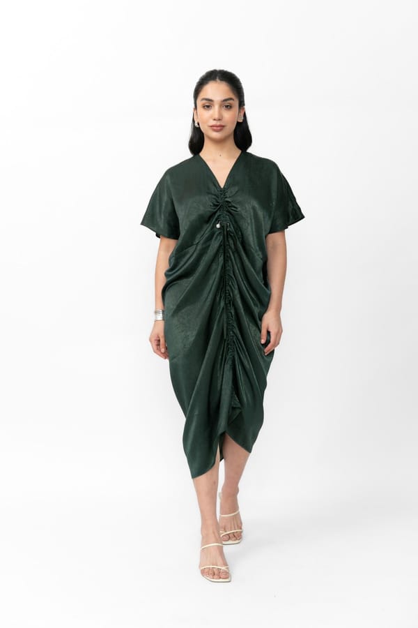 Emerald Draped Kaftan Midi Dress in Textured Satin — Contemponari