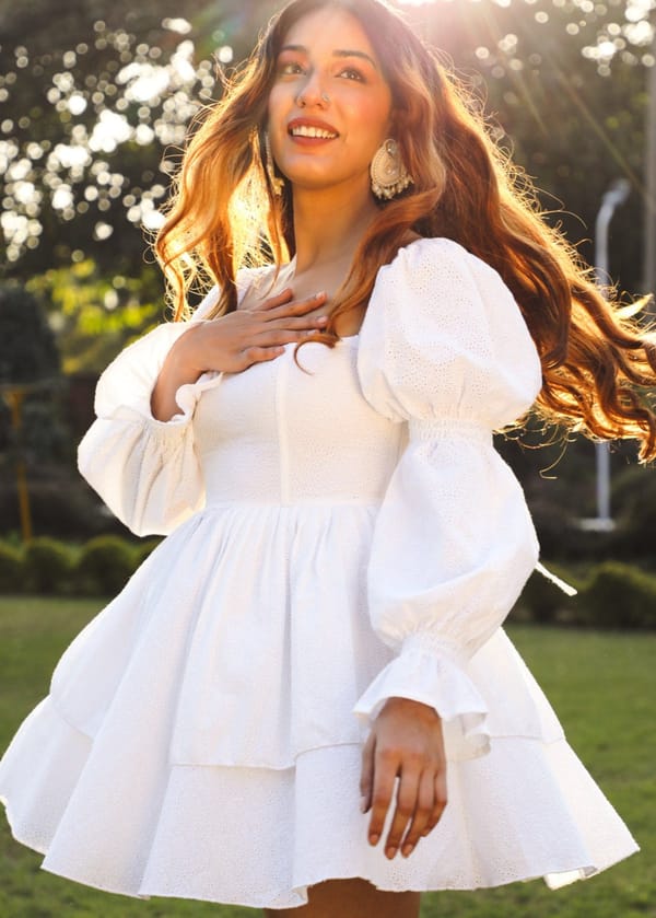 Pixie White Schiffli Puff Corset Dress — Lea Clothing