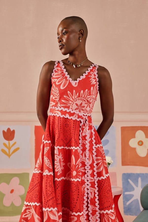 Flame Red Floral Print Maxi Dress with Waist Tie — Sage by Mala