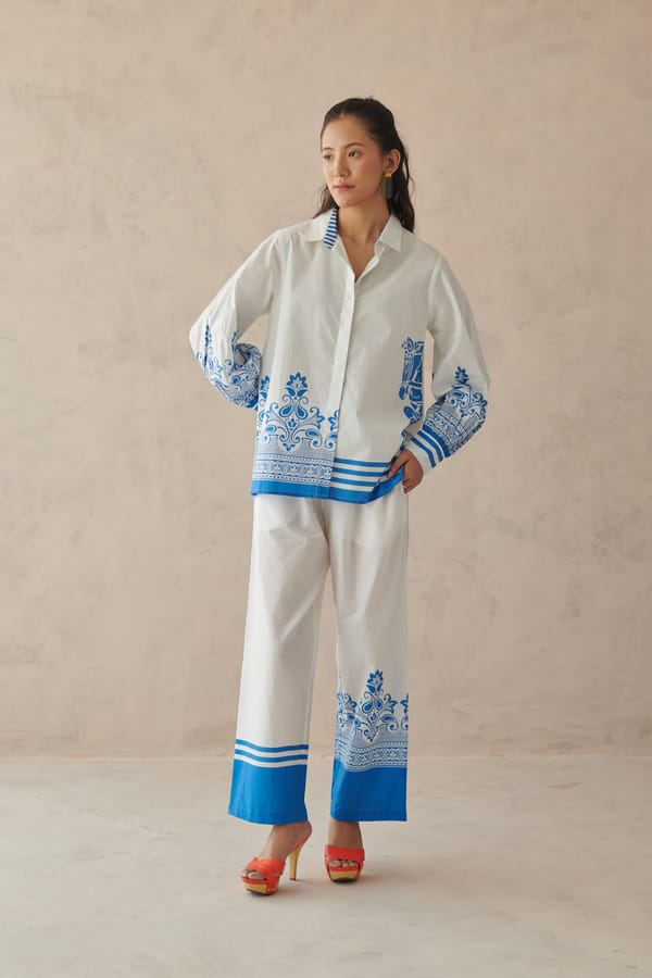 White Cotton Poplin Shirt with Blue Placement Border Print — ROHO
