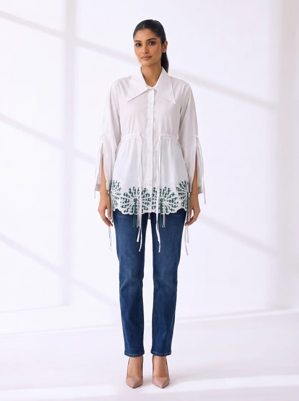 White Cotton Tunic Shirt with Floral Cutwork Hem — Ang-sa