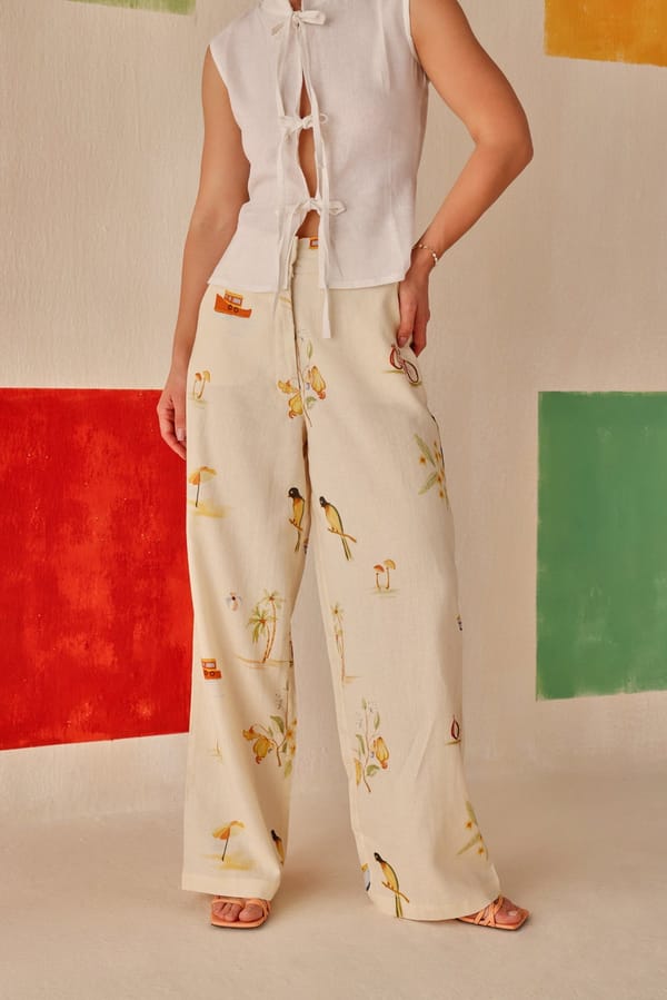 Cream Tropical Print Wide-Leg Trousers — Sage by Mala