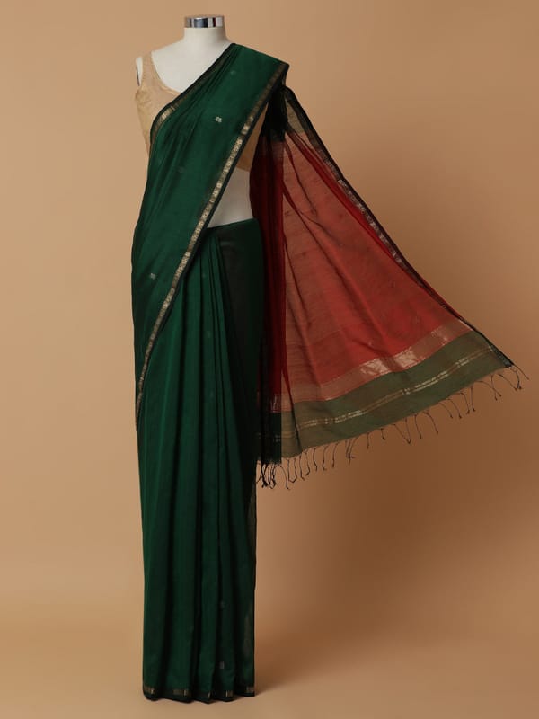 Maheshwari Cotton Silk Emerald Green Chameli Phool — BINKS