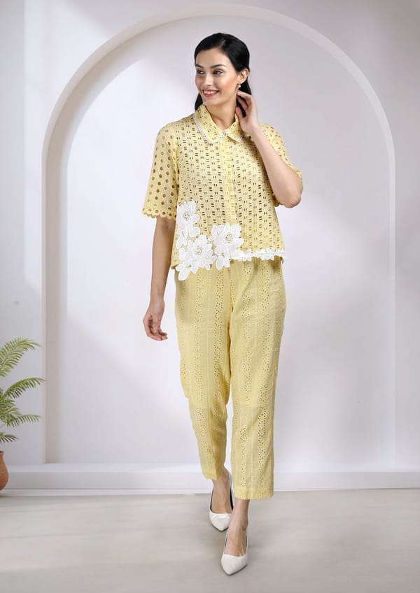 Meera Cotton Cutwork Co-ord Set in Yellow — BUMBLEBEE