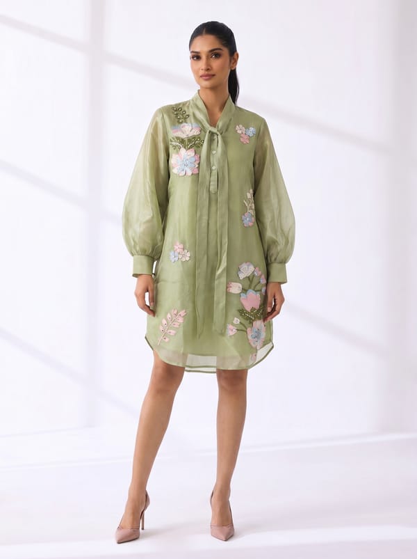 Lime Green Tissue Organza Tie-Neck Shirt Dress — RUCHIKA MALLIKA LABEL
