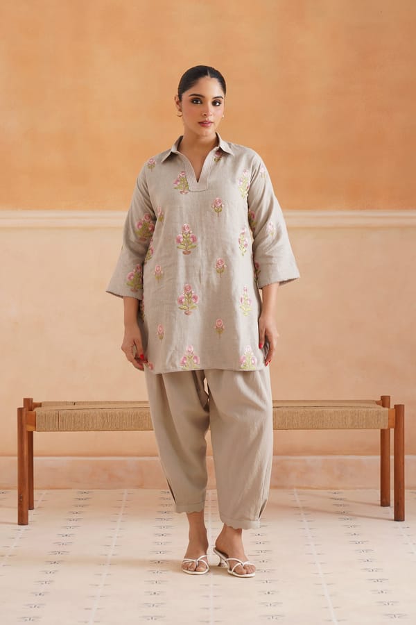 Beige Linen Embroidered Kurta and Pants Co-ord Set — NEETIKA CHOPRA
