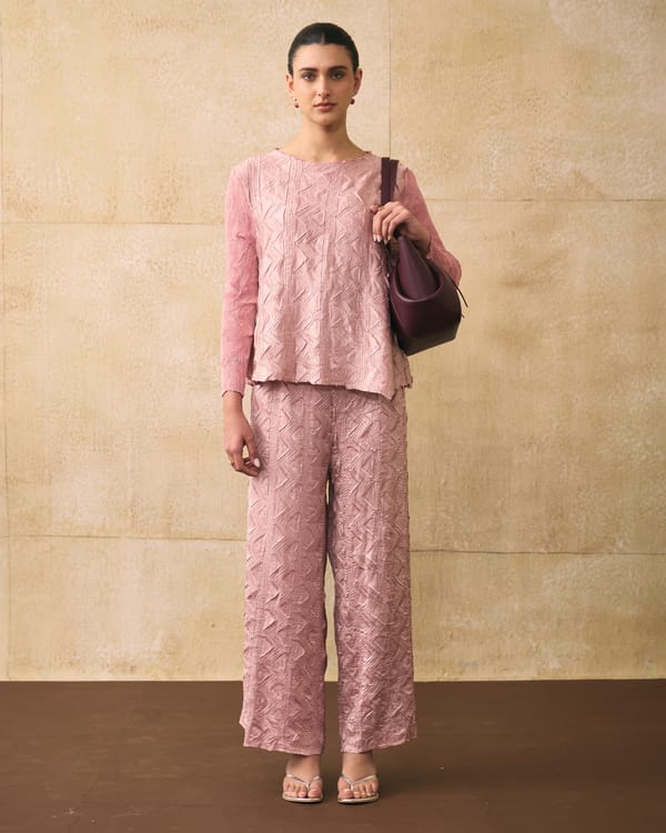 Nude Pink Textured Co-ord Set with Wide-Leg Pants — Pleats by Aruni