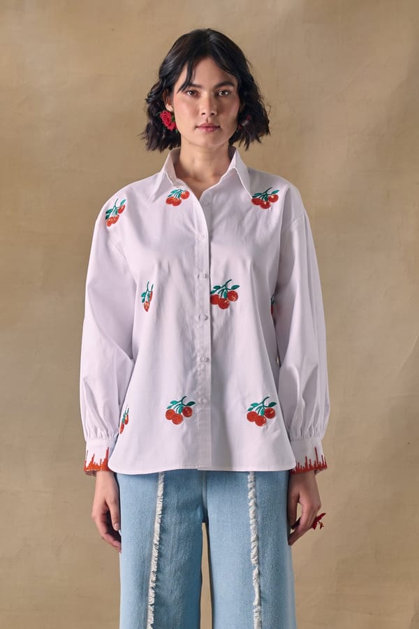 White Cotton Satin Cherry Embroidered Button-Down Shirt — Pocketful Of Cherrie