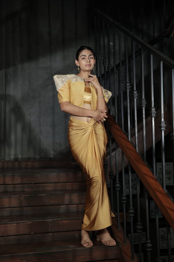 Mustard Jacket, Bustier and Draped Maxi Skirt Co-ord Set — Isha Sawhney