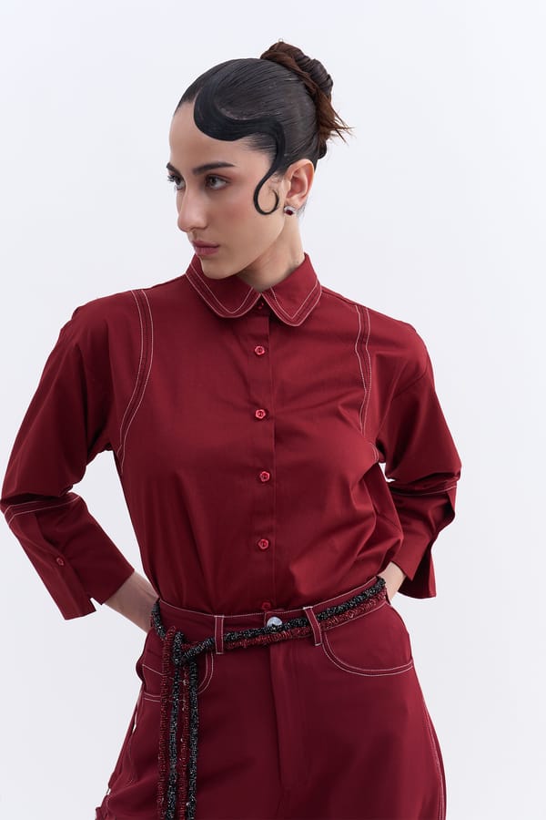 Plum Cotton Twill Relaxed-Fit Shirt with Contrast Stitching — Our Love