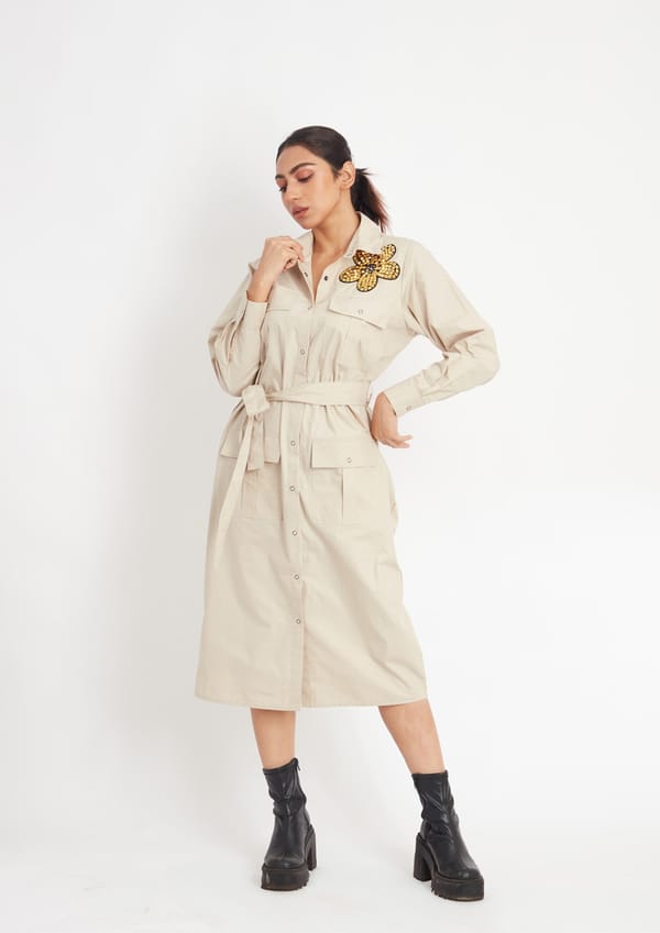 Beige One Piece Cotton Dress with Embroidery and Belt — Richa Goenka