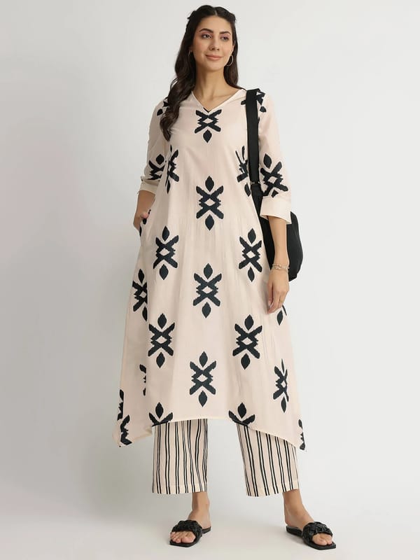 Cotton Ikat Geometric Print Kurta - Off-White — Pink Fort