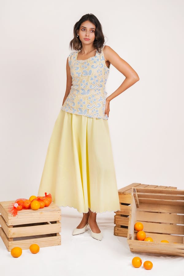 Yellow and Blue Floral Mesh Bodice Maxi Dress Set — 9899