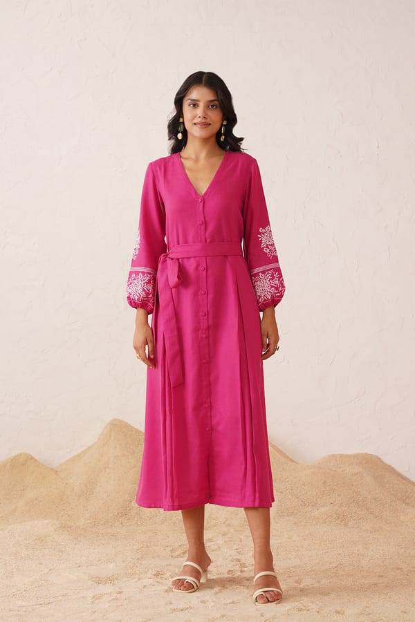 Hot Pink Cotton Linen Belted Midi Dress with Embroidered Sleeves — INCHING INDIA
