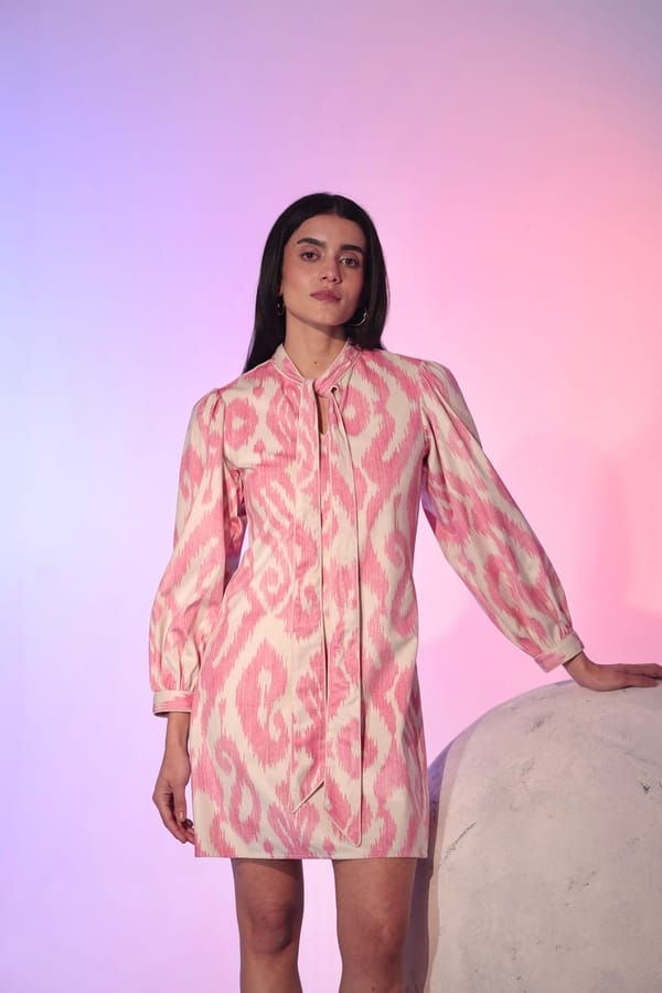 Pink and Cream Velvet Tie-Neck Printed Mini Dress — MANVI DAGA STUDIO