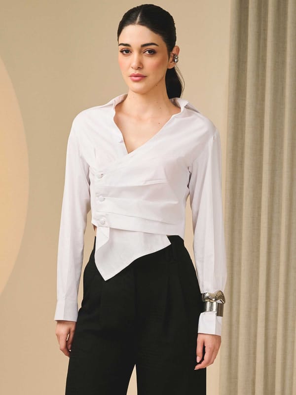 White Sculpted Wrap-Front Pleated Shirt — AUBURBAN