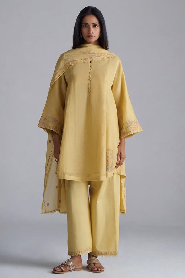 Jojoba Yellow Chanderi Silk Embroidered Kurta Set — Ganga Fashions Pvt Ltd