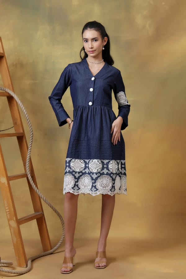 Dark Blue Denim Fit and Flare Dress with White Lace — Rhe-Ana