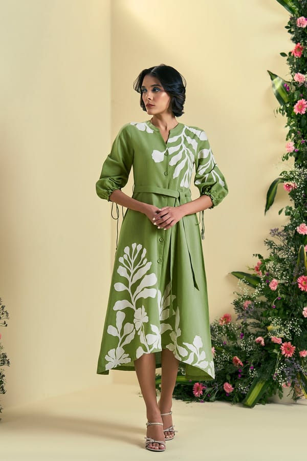 Green A-Line Midi Shirt Dress with Botanical Print and Belt — Origani
