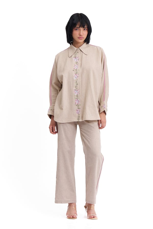 Natural Cotton Linen Embroidered Shirt and Pants Co-ord Set — Our Love