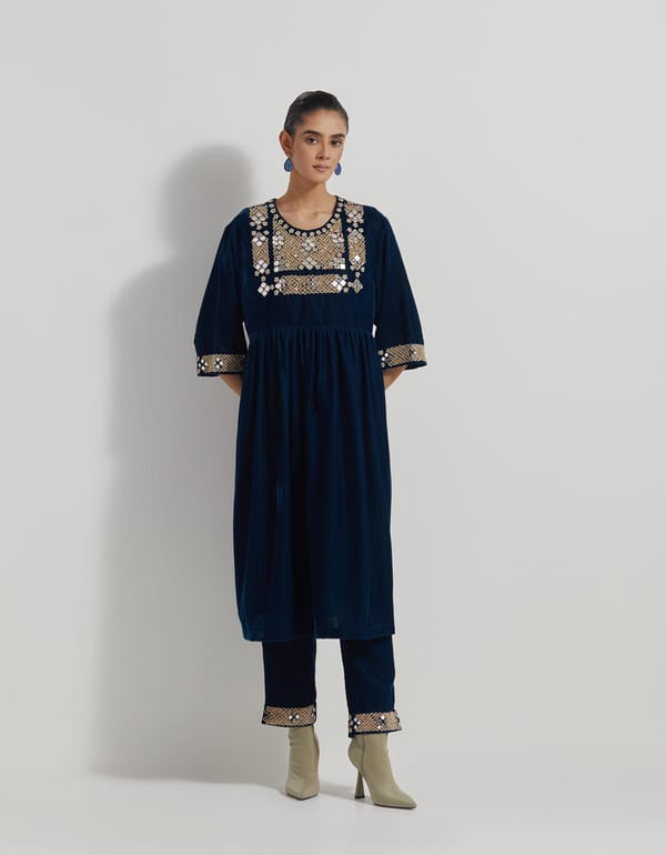 Teal Velvet Mirror Work Tunic and Straight Pants Co-ord Set — Kavita Bhartia