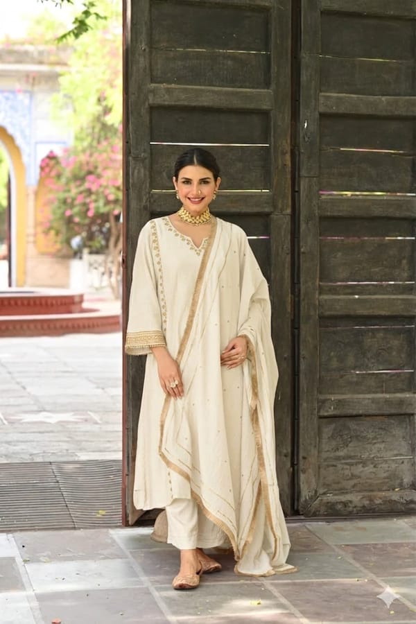 Off White Gota Work Mul Chanderi Suit Set — MAHEE JAIPUR