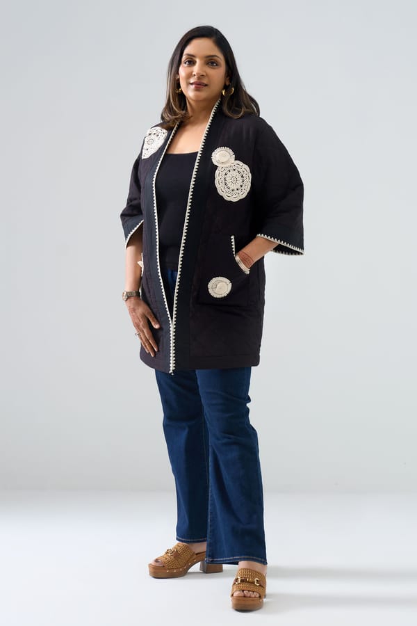 Black Quilted Longline Shrug with Applique Details — STITCH STORIES