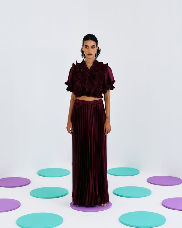 Maroon Crepe Satin Pleated Ruffle Crop Top — Pleats by Aruni
