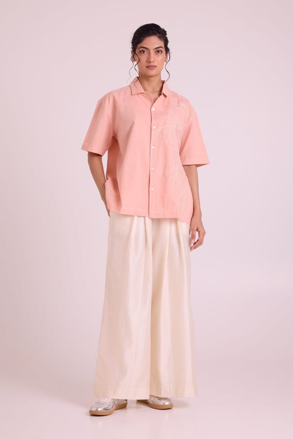 Blush Boxy Cotton Shirt with White Floral Embroidery — Madder Much