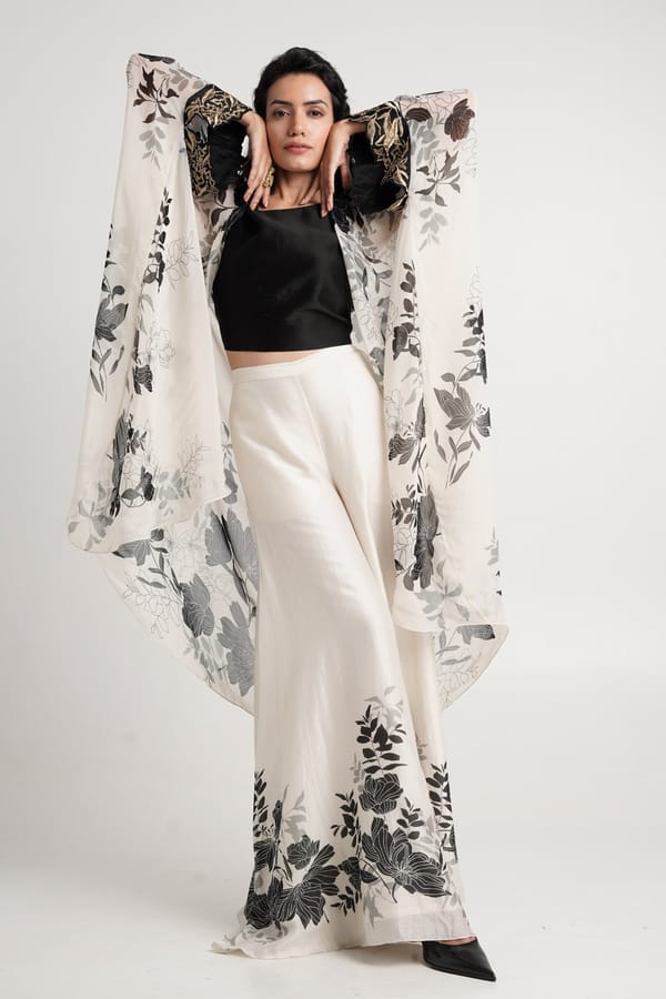 Monochrome Floral 3-Piece Cape Co-ord Set with Flare Pants — Madder Much