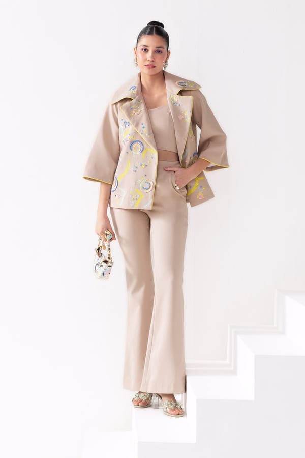 Ecru Embroidered Oversized Jacket and Flared Pants Co-ord Set — Our Love