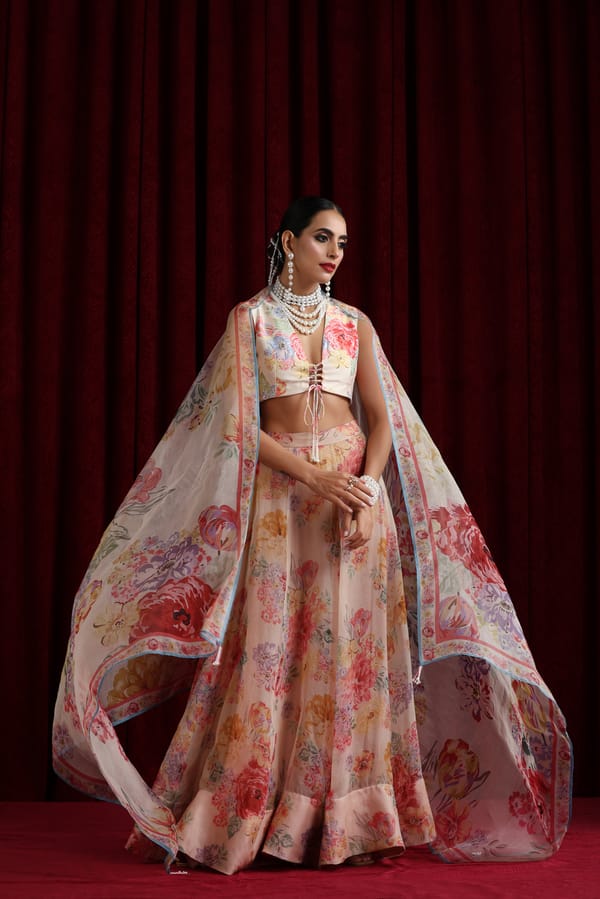 Ivory/Off White Floral Print Organza Lehenga Set — Moh India