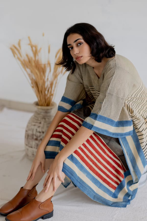 Multicolor Striped Cotton Kaftan Dress with V-Neck — Vraj Bhoomi