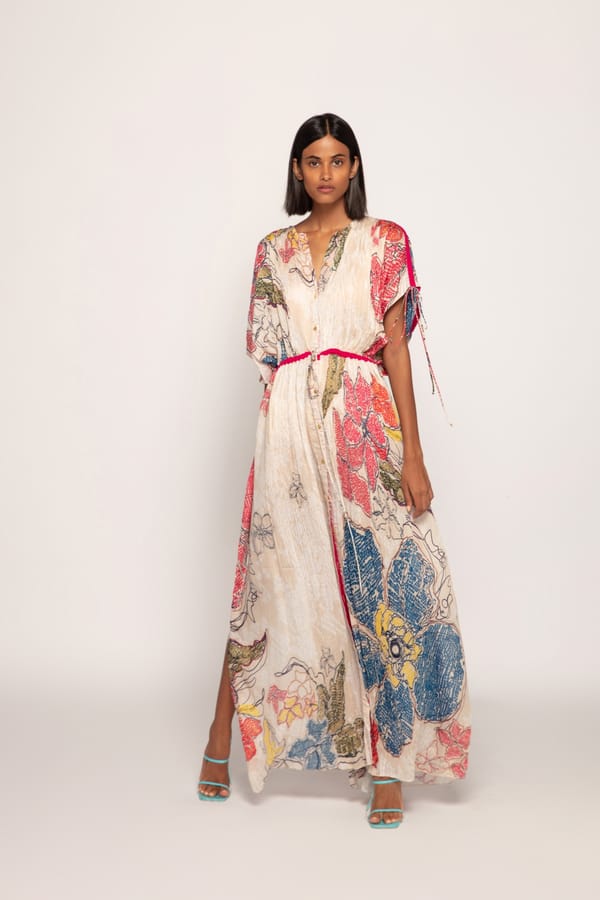 Ivory Bandhani Print Maxi Kaftan with Drawstring Waist — Saaksha and Kinni