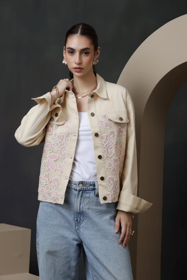 Ecru Denim Jacket with Pink Lace Panels — Rhe-Ana