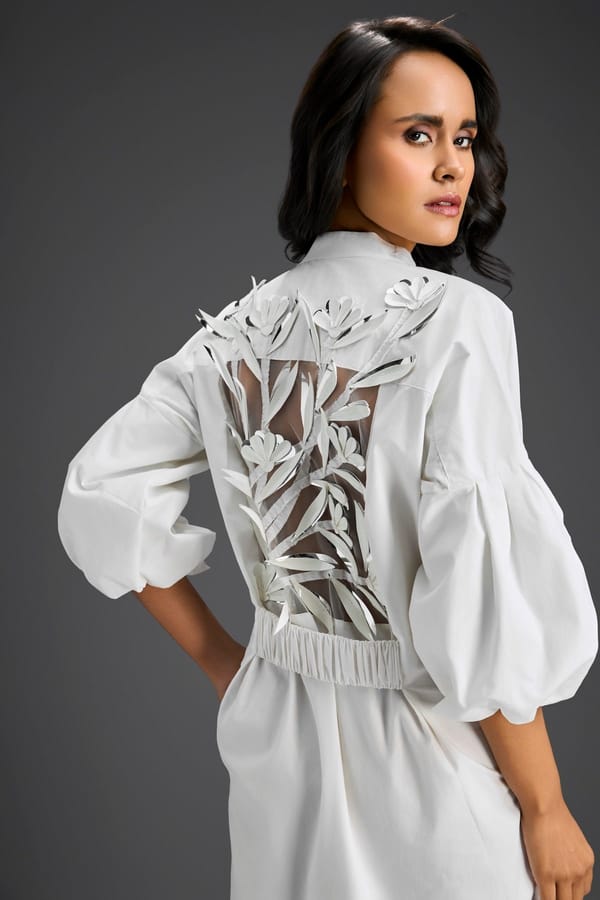White Puffed Sleeve Shirt Dress With Sheer Back — Deepika Arora