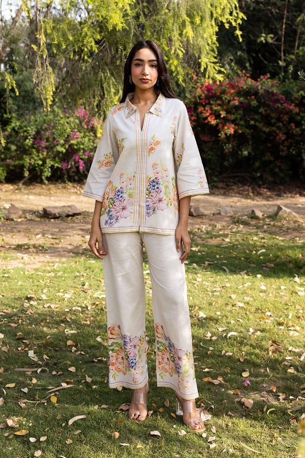 Cream Linen Floral Shirt and Trouser Co-ord Set — INCHING INDIA