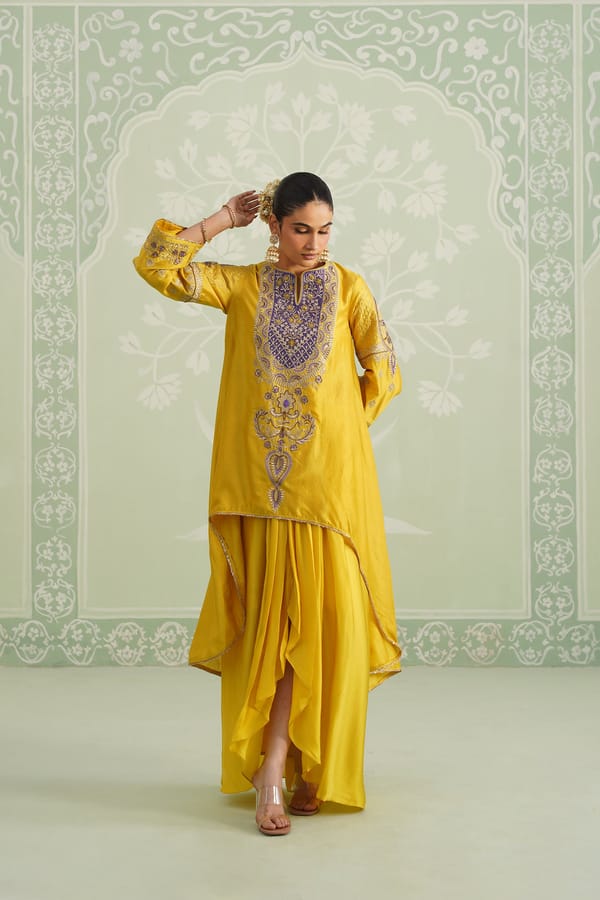 Yellow Embroidered Yoke Kurta Set with Flowy Bottom — NEETIKA CHOPRA