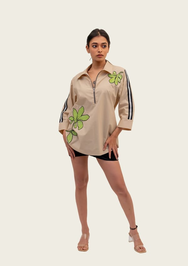 Beige Cotton Shirt with Embroidery — Richa Goenka