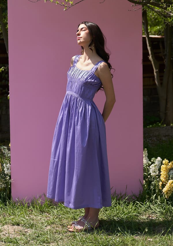 Purple Smocked Fit and Flare Midi Dress — AMOSHI