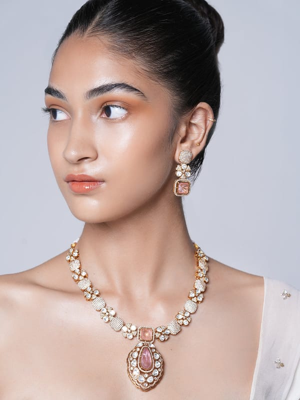 Baby Pink Necklace Set with Kundan Stones — Cao Jewellery