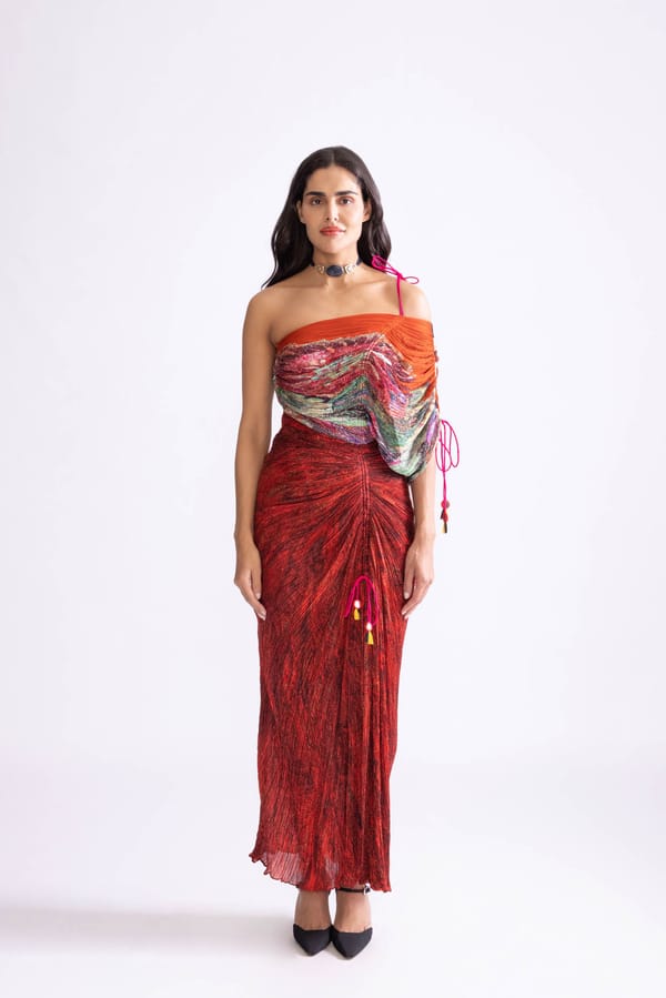 Red Printed Asymmetric Off-Shoulder Cotton Silk Maxi Dress — Saaksha and Kinni