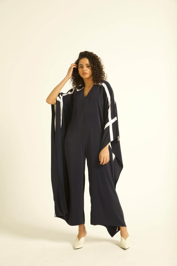 Navy Kaftan-Style V-Neck Jumpsuit with Contrast Tape — Dash and Dot