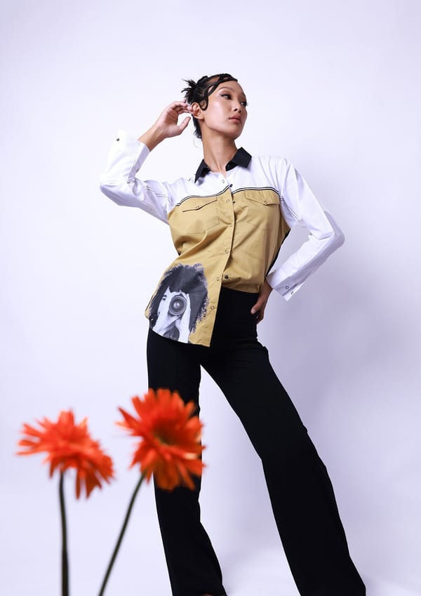 Beige, White & Black Comfort Fit Cotton Shirt with Print — Richa Goenka