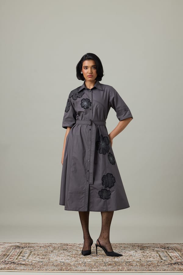 Earth Brown Belted Shirt Midi Dress with Floral Appliqué — 63East