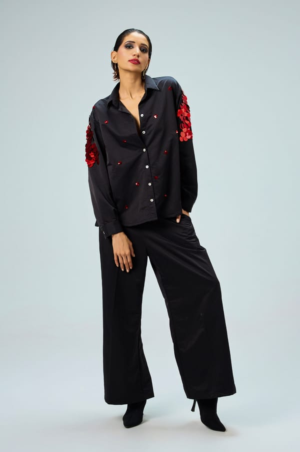 Black Sequin Sleeve Shirt and Wide-Leg Pants Co-ord Set — KOR