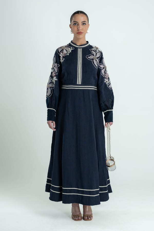 Navy Linen Fit and Flare Maxi Dress with Floral Applique — Our Love
