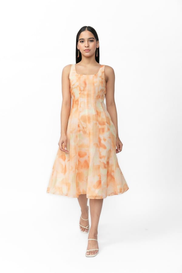 Orange Printed Poly Linen Square Neck Midi Dress — Contemponari