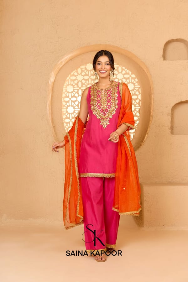 Fuchsia Cotton Chanderi Halter Neck Kurta Pant Set — SAINA KAPOOR